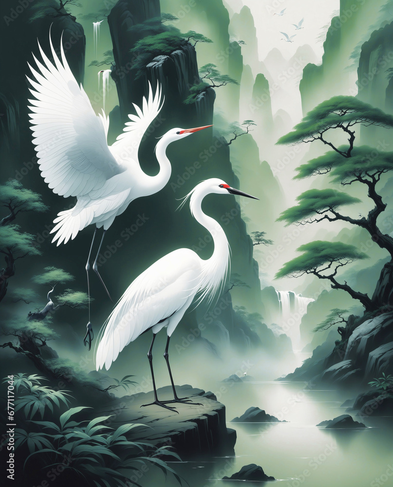 Fototapeta premium white crane birds couple at the lake asian style painting