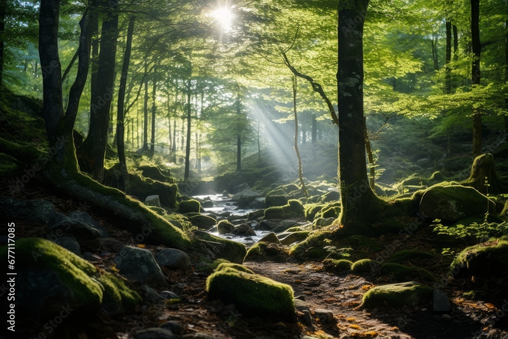Obraz premium Beautiful rays of sunlight in a green forest