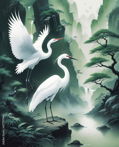 white crane birds couple at the lake asian style painting photo