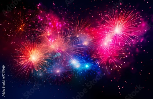 Colorful fireworks explode in the night sky with red  blue  green  and pink lights.