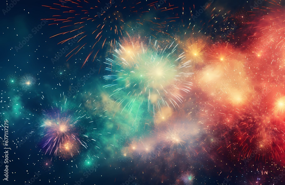 Fototapeta premium Colorful fireworks explode in the night sky with red, blue, green, and pink lights.