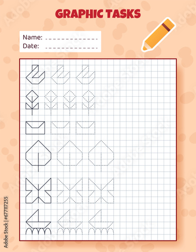 Drawing by cells. Educational game for preschool children. Worksheets for practicing logic and motor skills. Game for kids. Graphic tasks with different objects and elements. Vector illustration