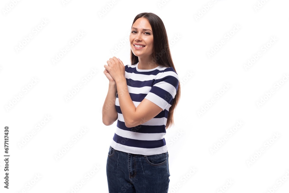slim young caucasian brunette promoter woman in a striped black and white t-shirt on a white background slim young caucasian brunette promoter woman in a striped black and white t-shirt on a white background