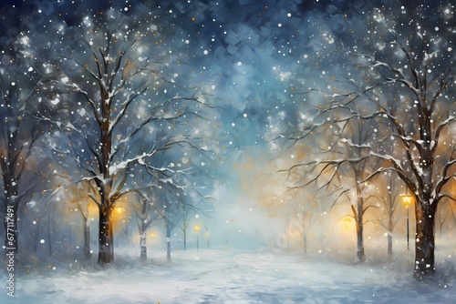 Trees with twinkling lights are covered in snow, glowing warmly in a magical winter night. © wpw