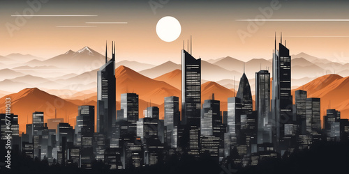 stylized modern city skyline sunset banner background photo