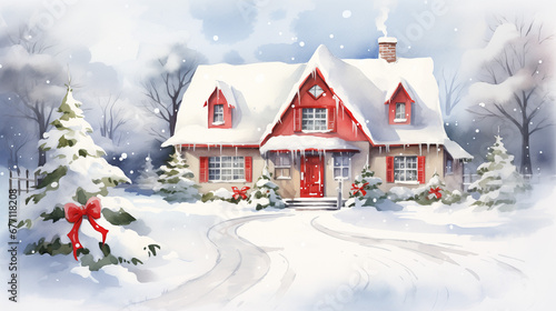 A home decorated for Christmas. Christmas card background frame, watercolor illustration with copy space