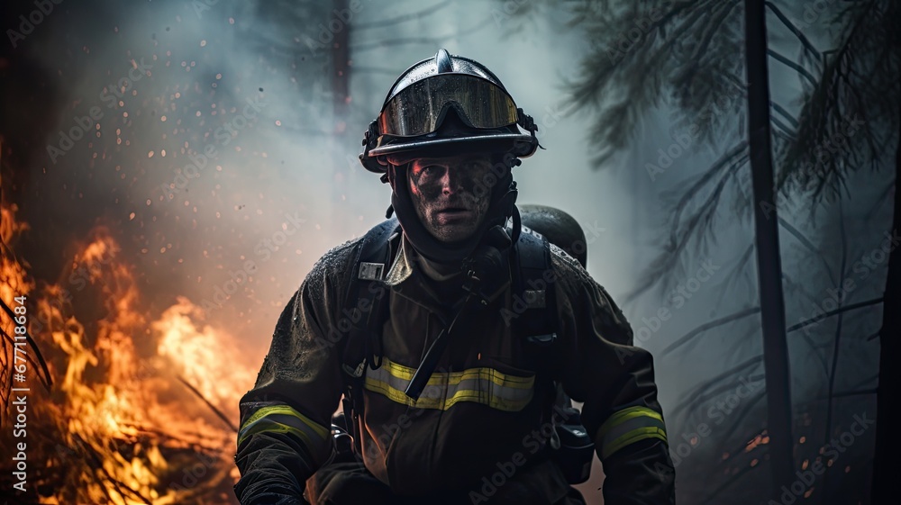 A firefighter in front of a blazing forest fire, smoke billowing around A firefighter in front of a blazing forest fire, smoke billowing around