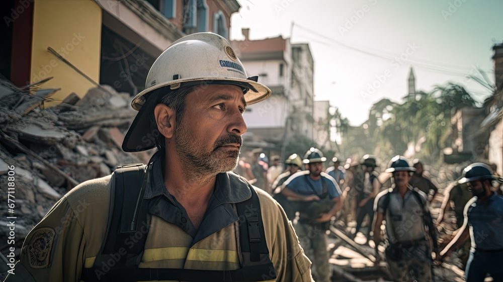 A firefighter gazes at the scene of a collapsed building, rescue team in the background