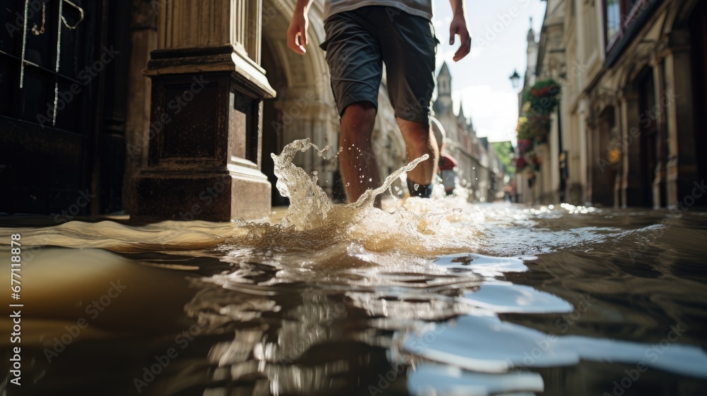 A person strides through a flooded street, water splashing around with historical buildings in the background