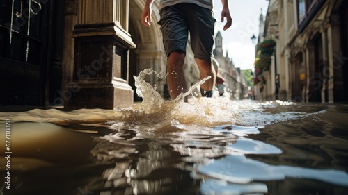 A person strides through a flooded street, water splashing around with historical buildings in the background
