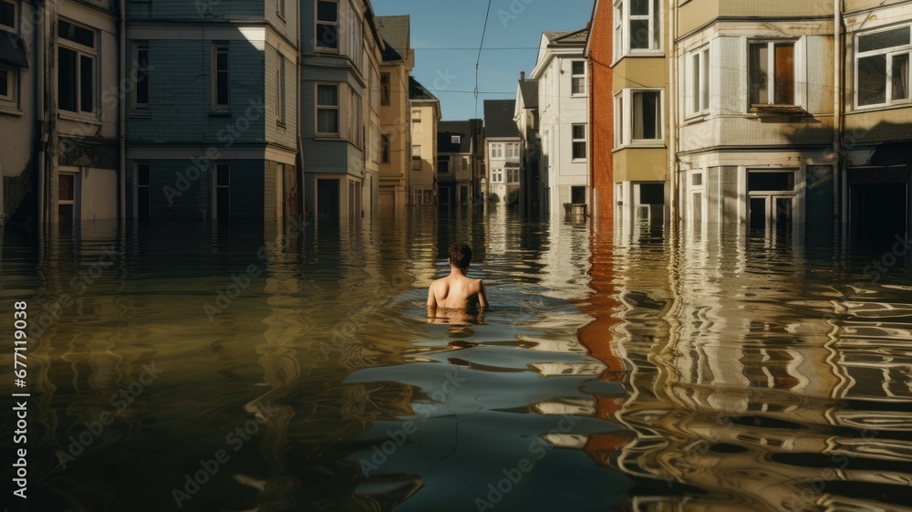 A solitary figure wades through waist-deep floodwater in a submerged urban street