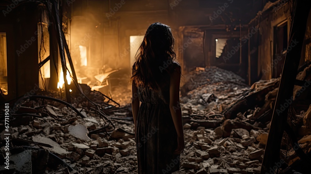 A woman facing away, with a flashlight, looks over her shoulder in a smoky, rubble-filled room