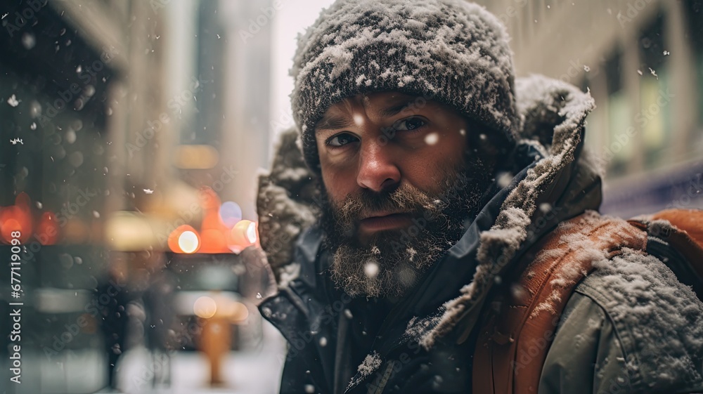 Bearded man in a snowy city, snowflakes clinging to his hat and jacket