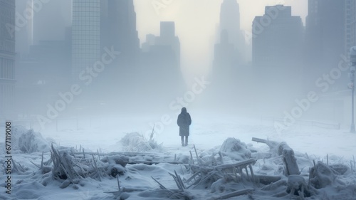 A lone individual stands amidst a snow-covered, debris-strewn urban landscape © Artyom