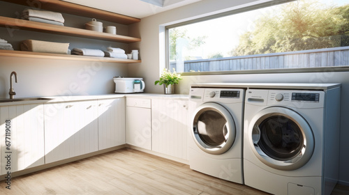 Wallpaper Mural a spacious laundry room with white cabinets and stainless steel appliances and a large window providing a view of the backyard Torontodigital.ca