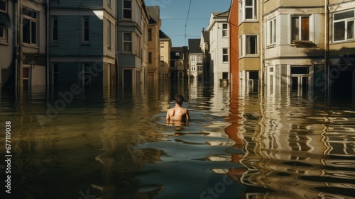 A solitary figure wades through waist-deep floodwater in a submerged urban street