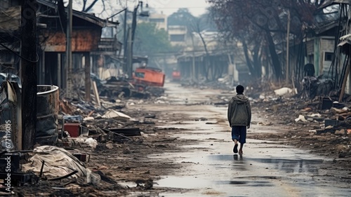 A person walks through a devastated street, aftermath of a disaster, amongst ruins