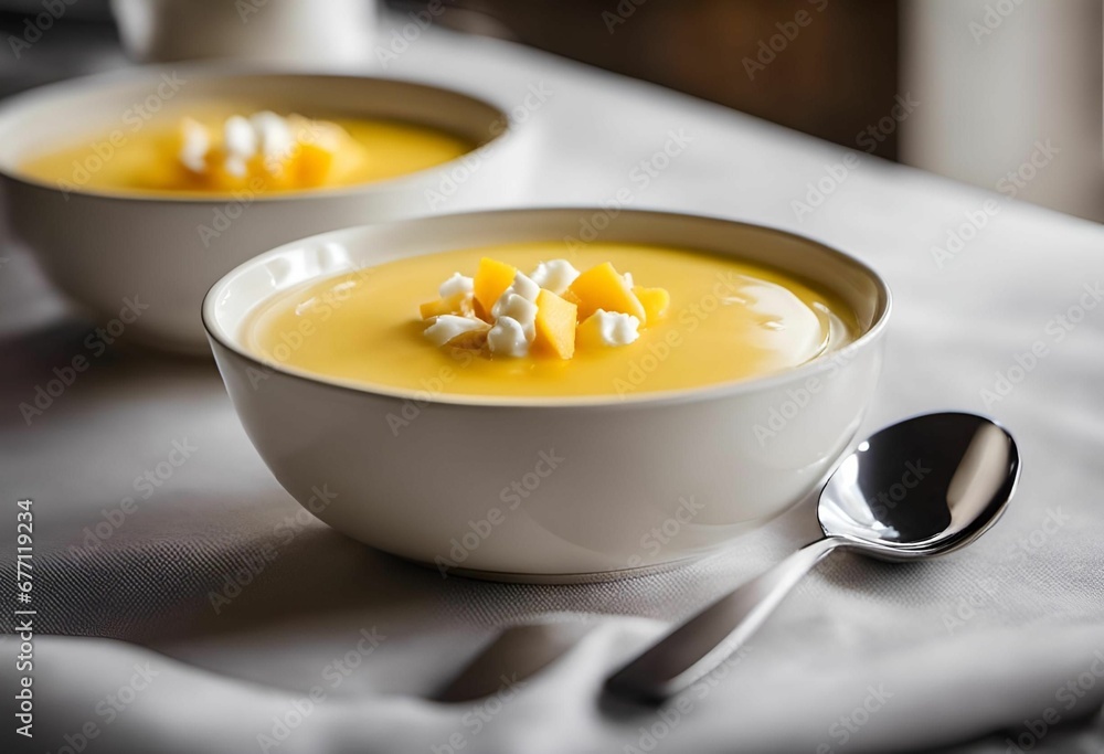 two bowls of soup with fruit and cream in it sit on a table two bowls of soup with fruit and cream in it sit on a table