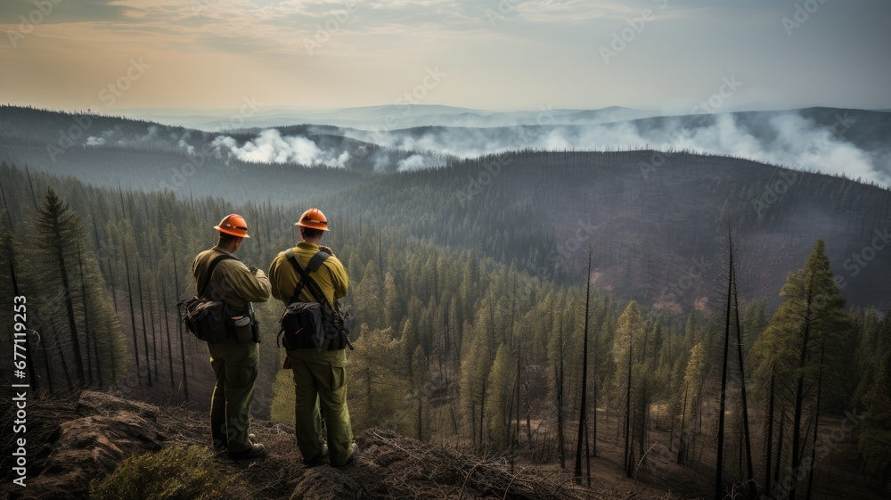 Two forest rangers overlooking a burnt forest landscape with smoke rising in the distance, under a hazy sky