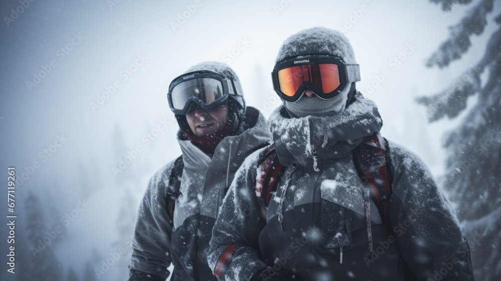Two snowboarders in heavy snow, with goggles and winter gear, facing harsh weather on a snow-covered mountain Two snowboarders in heavy snow, with goggles and winter gear, facing harsh weather on a snow-covered mountain