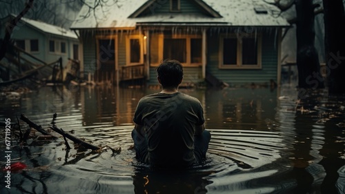 A person sits submerged in floodwater before a house, reflecting on the limnological disaster