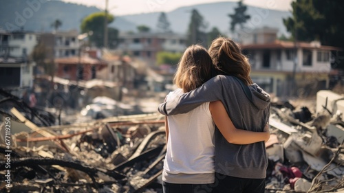 Two people embracing while observing the ruins of a neighborhood after a disaster, with a focus on emotional support