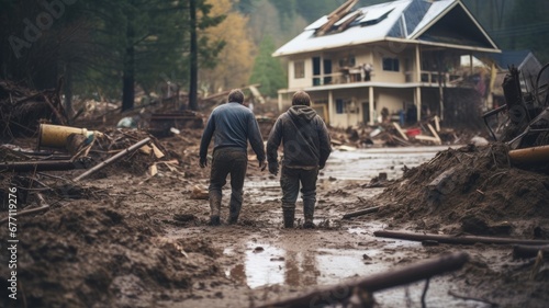 Two individuals walking hand in hand amidst the devastation of a muddy flood, with a damaged house in the background photo
