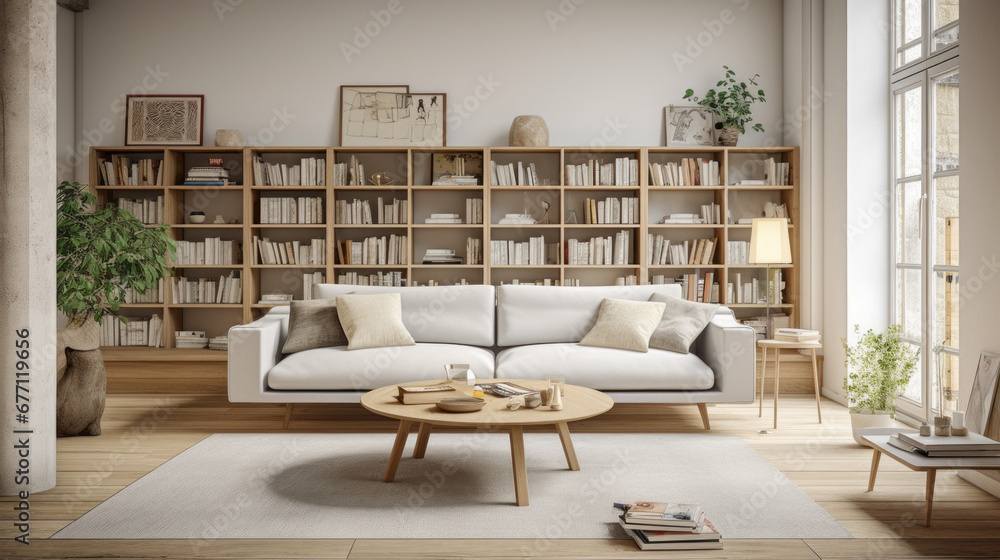 a spacious living room featuring a grey couch and a wooden coffee table and several white bookshelves filled with books and various knick-knacks