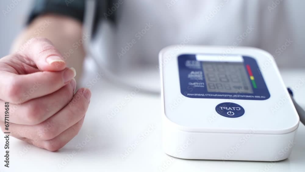 the girl measures blood pressure with a tonometer the girl measures blood pressure with a tonometer