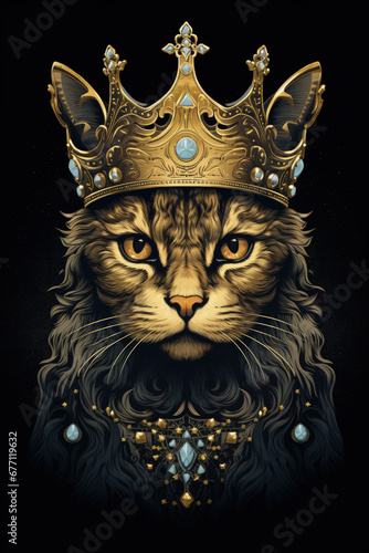 stylized cat king with crown and gem stones