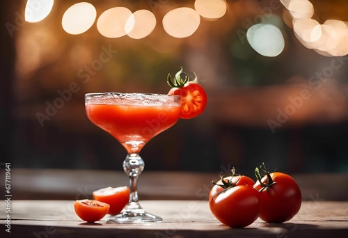 a cocktail glass and two tomatoes on a wooden table in the sun