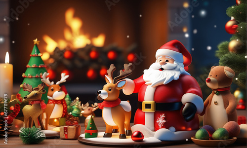 Santa Claus, Rudolph and cute bears in front of the fireplace, Generative Ai