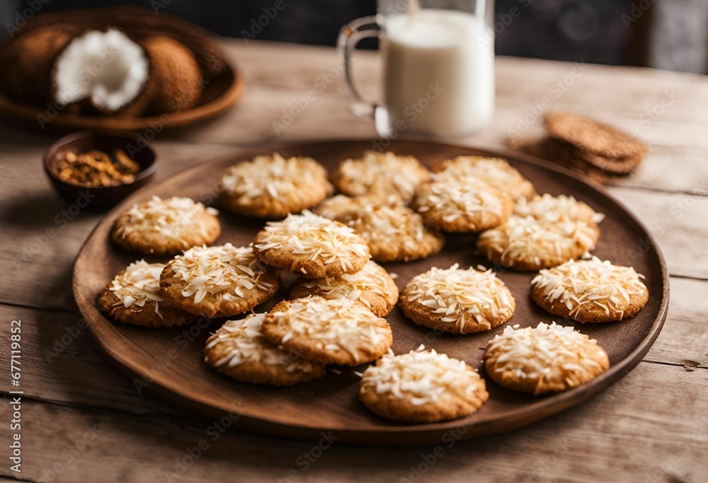 freshly baked cookies and milk on a wooden table in an outdoor setting freshly baked cookies and milk on a wooden table in an outdoor setting