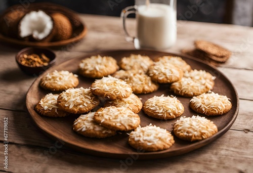 freshly baked cookies and milk on a wooden table in an outdoor setting