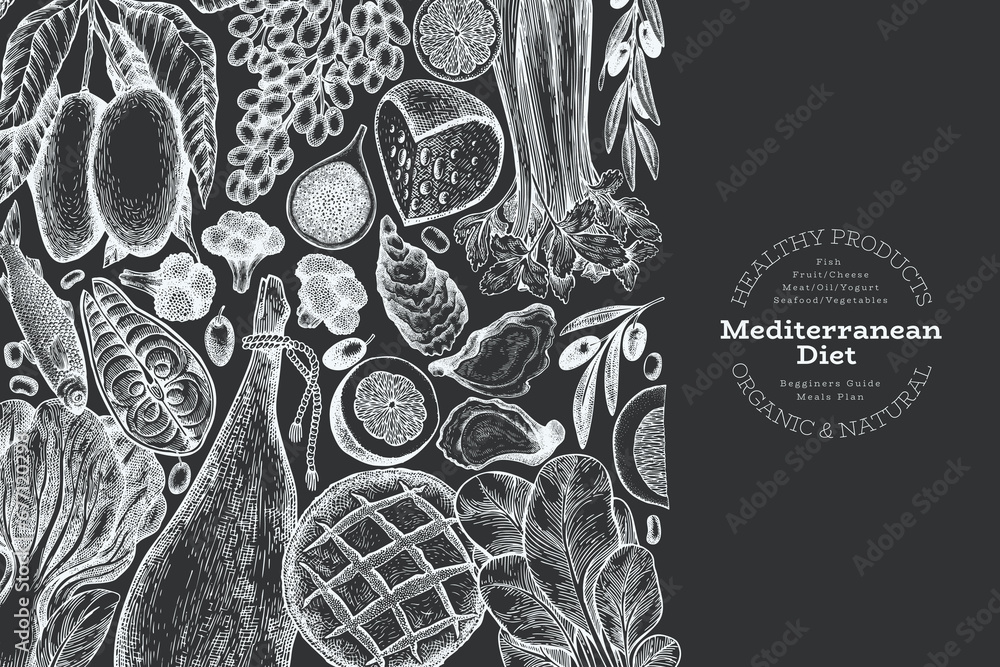 Mediterranean Cuisine Design Template. Vector Hand Drawn Healthy Food Banner. Vintage Style Menu Chalk Board Illustration. - obrazy, fototapety, plakaty 