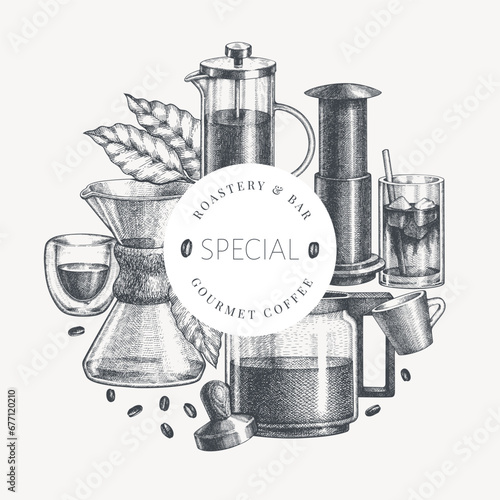 Alternative Coffee Makers Illustration. Vector Hand Drawn Specialty Coffee Equipment Banner. Vintage Style Coffee Bar Design photo