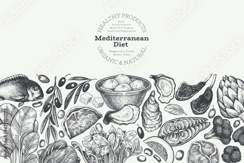 Mediterranean Cuisine Design Template. Vector Hand Drawn Healthy Food Banner. Vintage Style Menu Illustration.