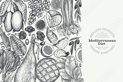 Mediterranean Cuisine Design Template. Vector Hand Drawn Healthy Food Banner. Vintage Style Menu Illustration.