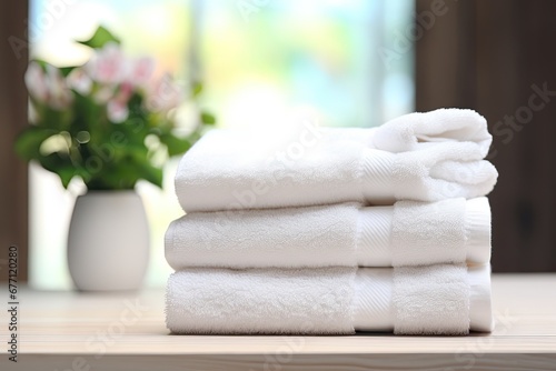 A stack of freshly washed and folded white towels on a table symbolizes cleanliness and comfort in a modern spa or bathroom.