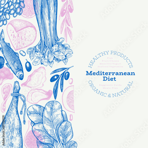 Mediterranean Cuisine Design Template. Vector Hand Drawn Healthy Food Banner. Vintage Style Menu Illustration.