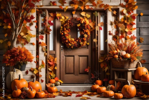 A door decorated with a fall wreath surrounded by fall decorations