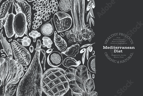 Mediterranean Cuisine Design Template. Vector Hand Drawn Healthy Food Banner. Vintage Style Menu Chalk Board Illustration.
