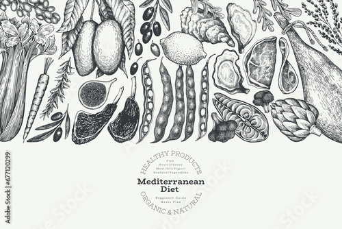Mediterranean Cuisine Design Template. Vector Hand Drawn Healthy Food Banner. Vintage Style Menu Illustration.
