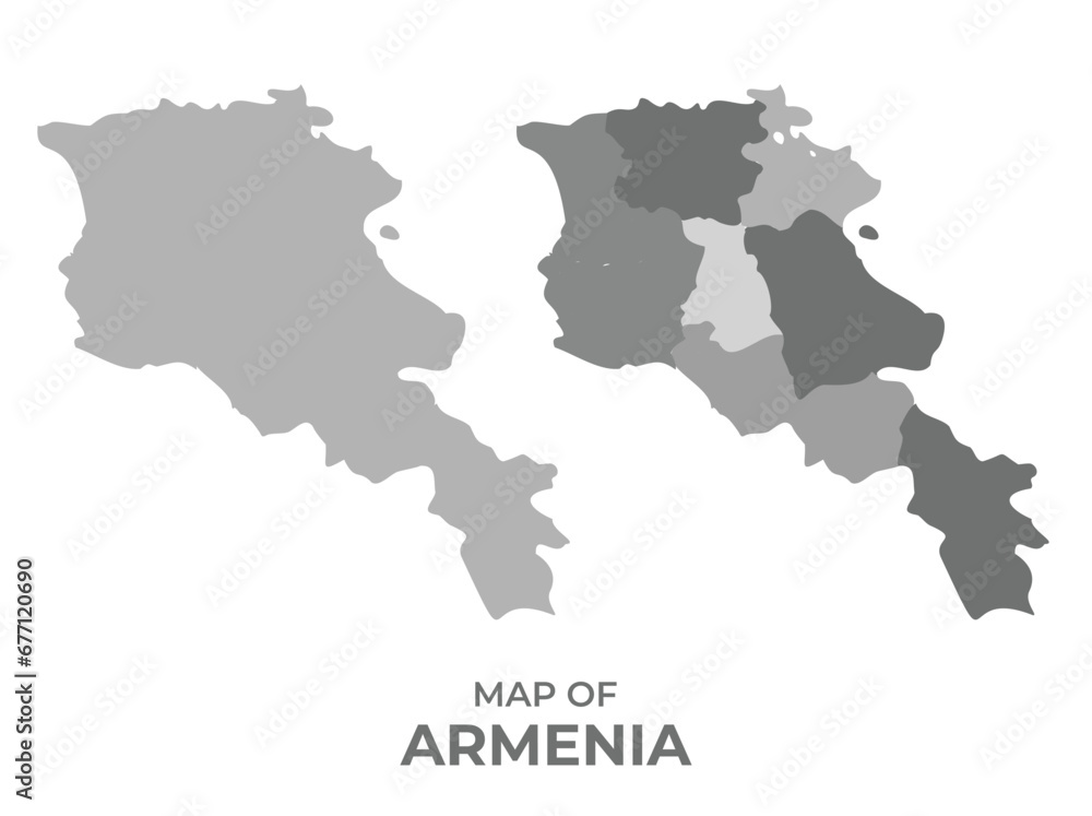 Greyscale vector map of Armenia with regions and simple flat illustration