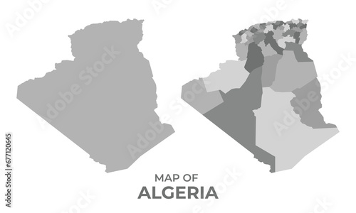 Greyscale vector map of Algeria with regions and simple flat illustration