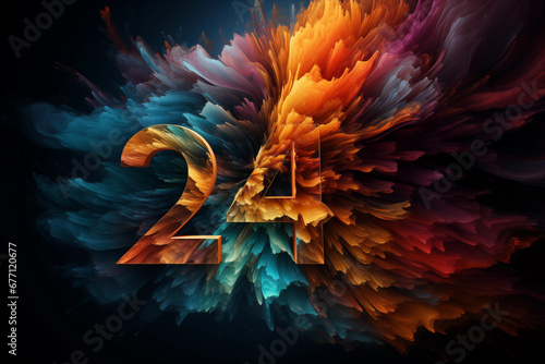 Schöne abstrakte Kunst mit bunter Farbexplosion, mit der Zahl 2024 zum Jahreswechsel als Druckvorlage, ai generativ