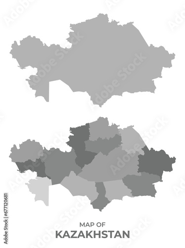 Greyscale vector map of Kazakhstan with regions and simple flat illustration