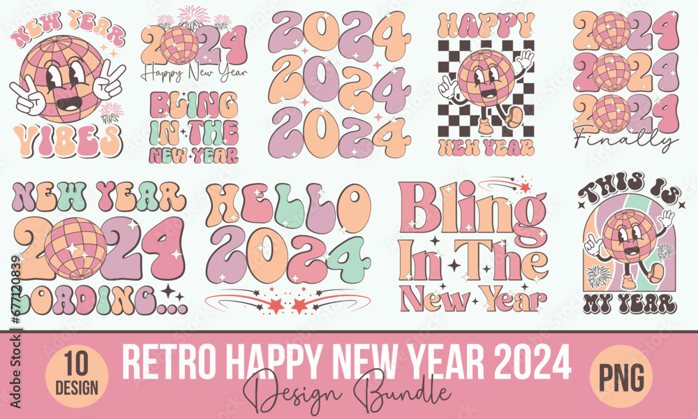 Retro Happy New Year 2024 Design Bundle - obrazy, fototapety, plakaty 