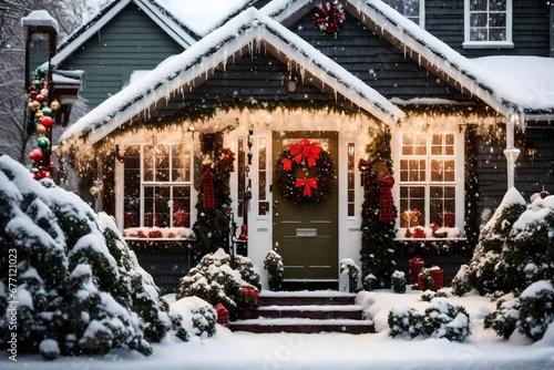 Snow is falling on the front of a tradional house decorated for Christmas with a wreath, garlands and Christmas lights. photo