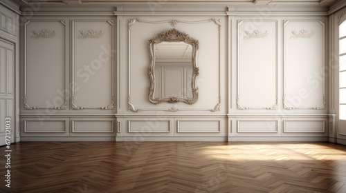 A spacious room with a dark hardwood floor and white walls